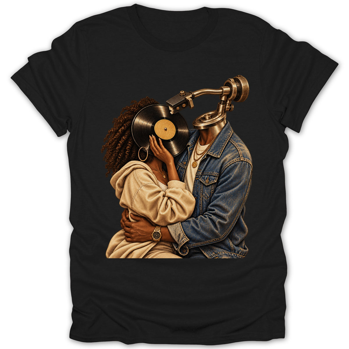 Couple embracing with a record player head and vinyl record covering face.