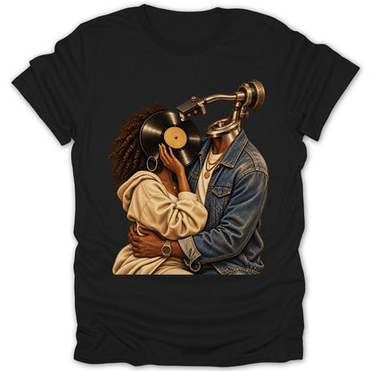 Couple embracing with a record player head and vinyl record covering face.