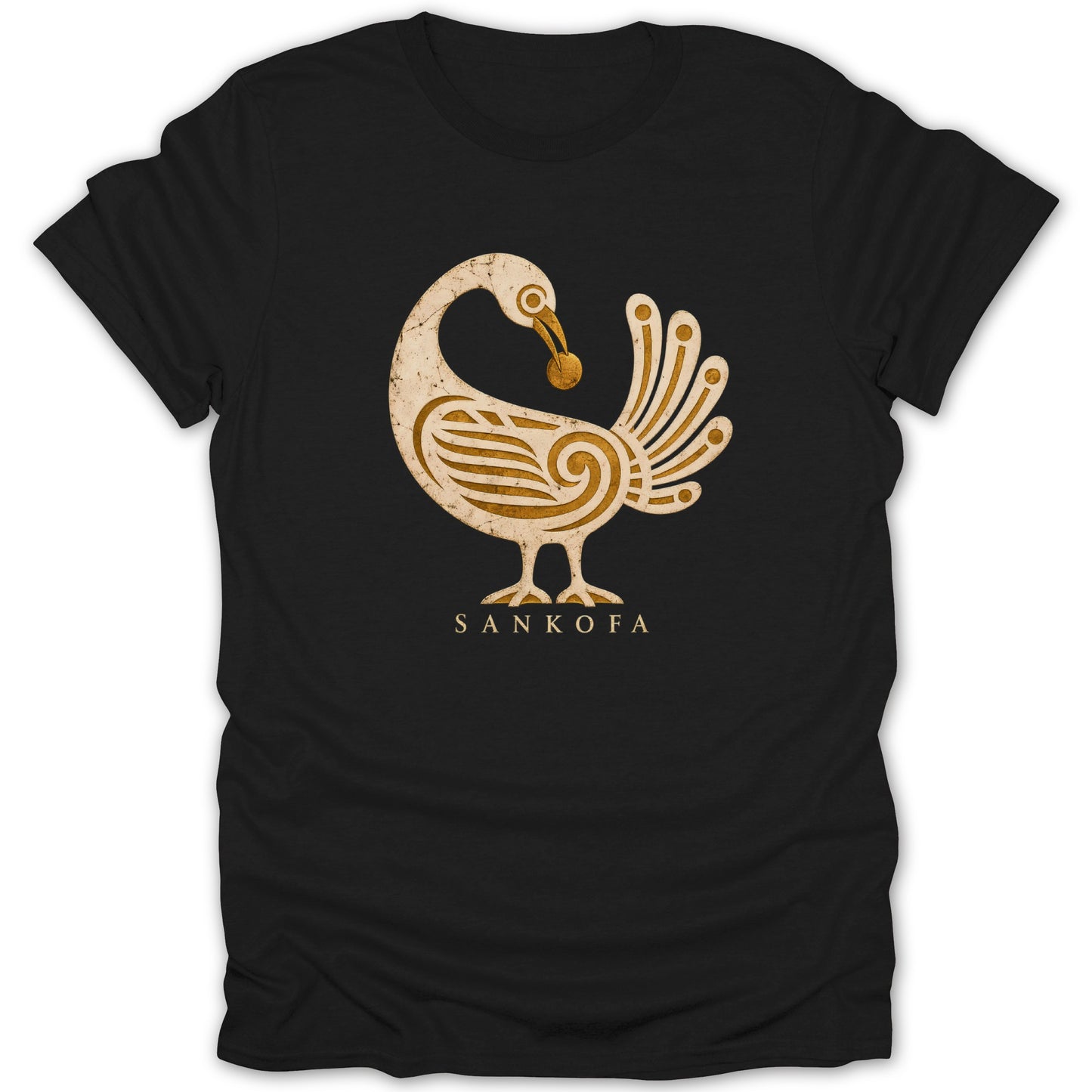 Black t-shirt with distressed gold Sankofa bird graphic and text.