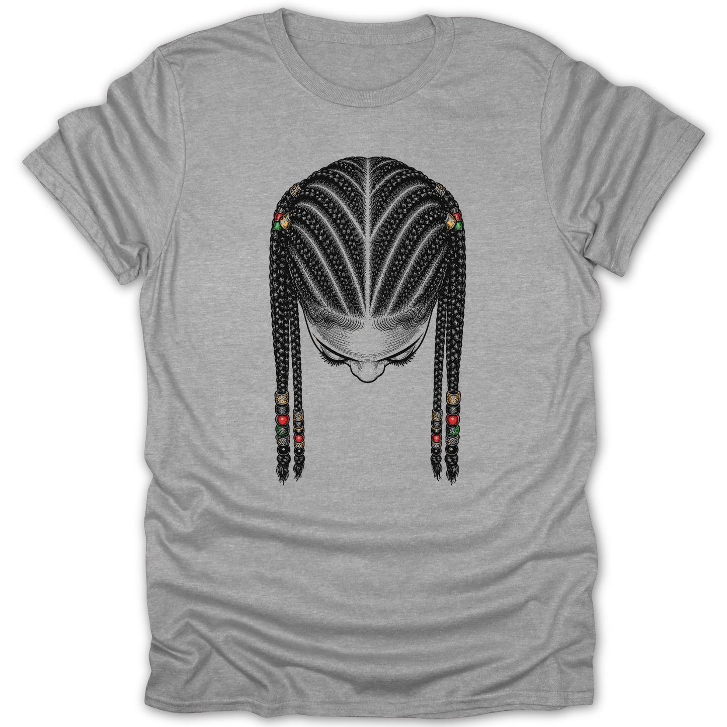 T-shirt with an illustration of a woman's head with braided hair and beaded ends.