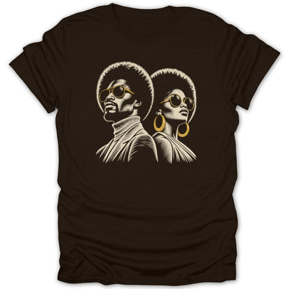 Brown t-shirt featuring a retro graphic of a man and woman with afros and sunglasses.