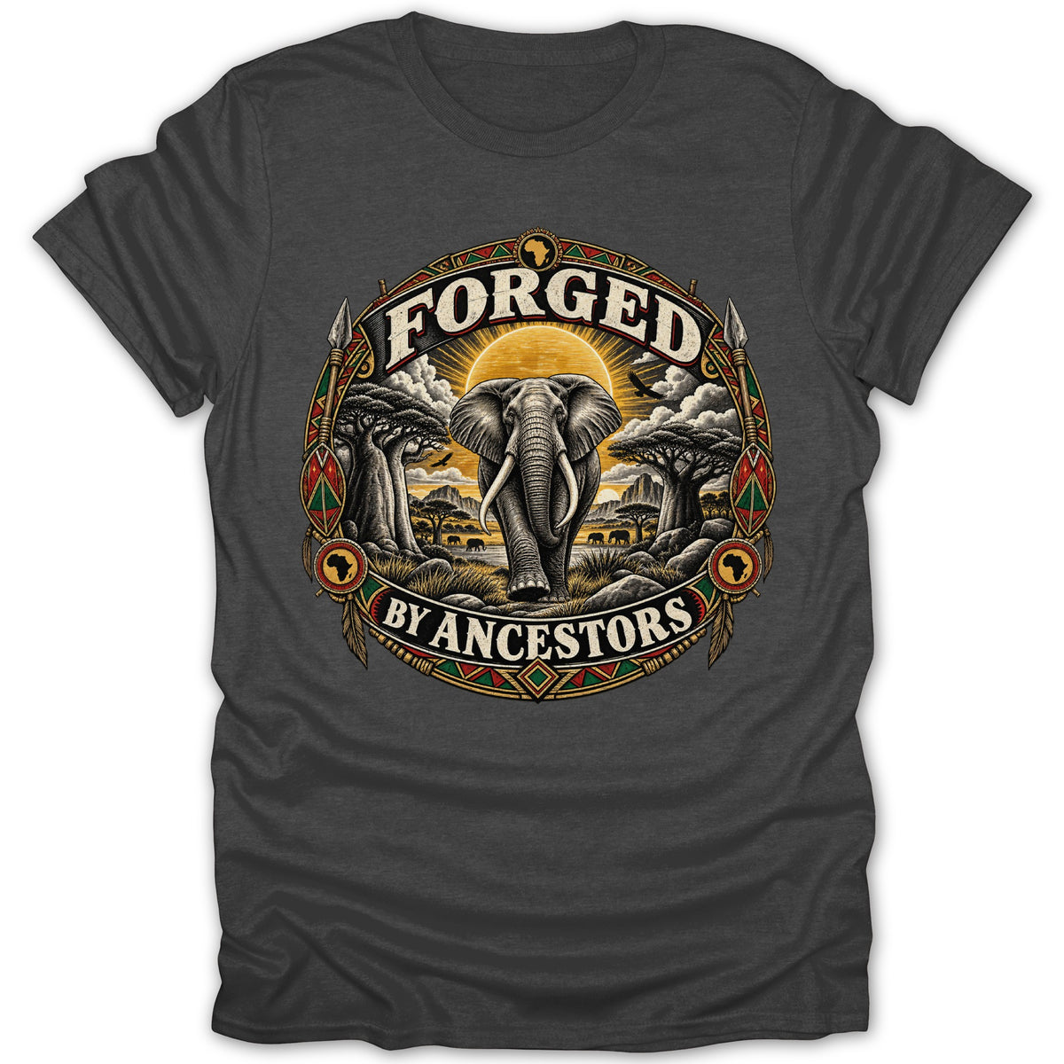 T-shirt with a graphic of an elephant in an African landscape with text "FORGED BY ANCESTORS".