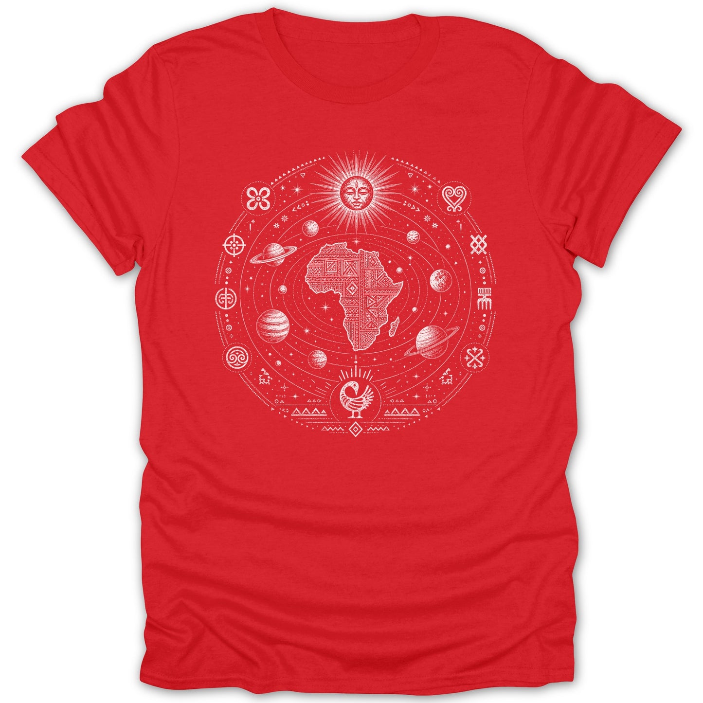Red t-shirt with a circular white design featuring Africa, planets, and sun.