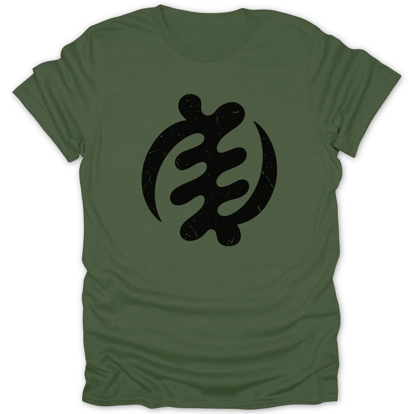 Green t-shirt with a black Adinkra symbol Gye Nyame graphic.