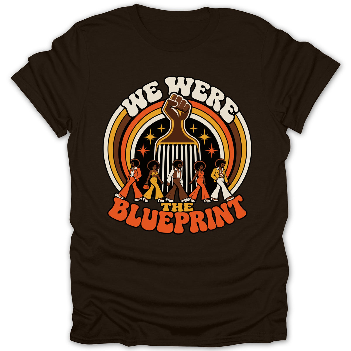 Brown t-shirt with retro graphic: "We Were The Blueprint" with afro combs.