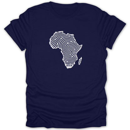 A dark blue t-shirt with a white graphic of the African continent patterned as a fingerprint containing the word Origin.