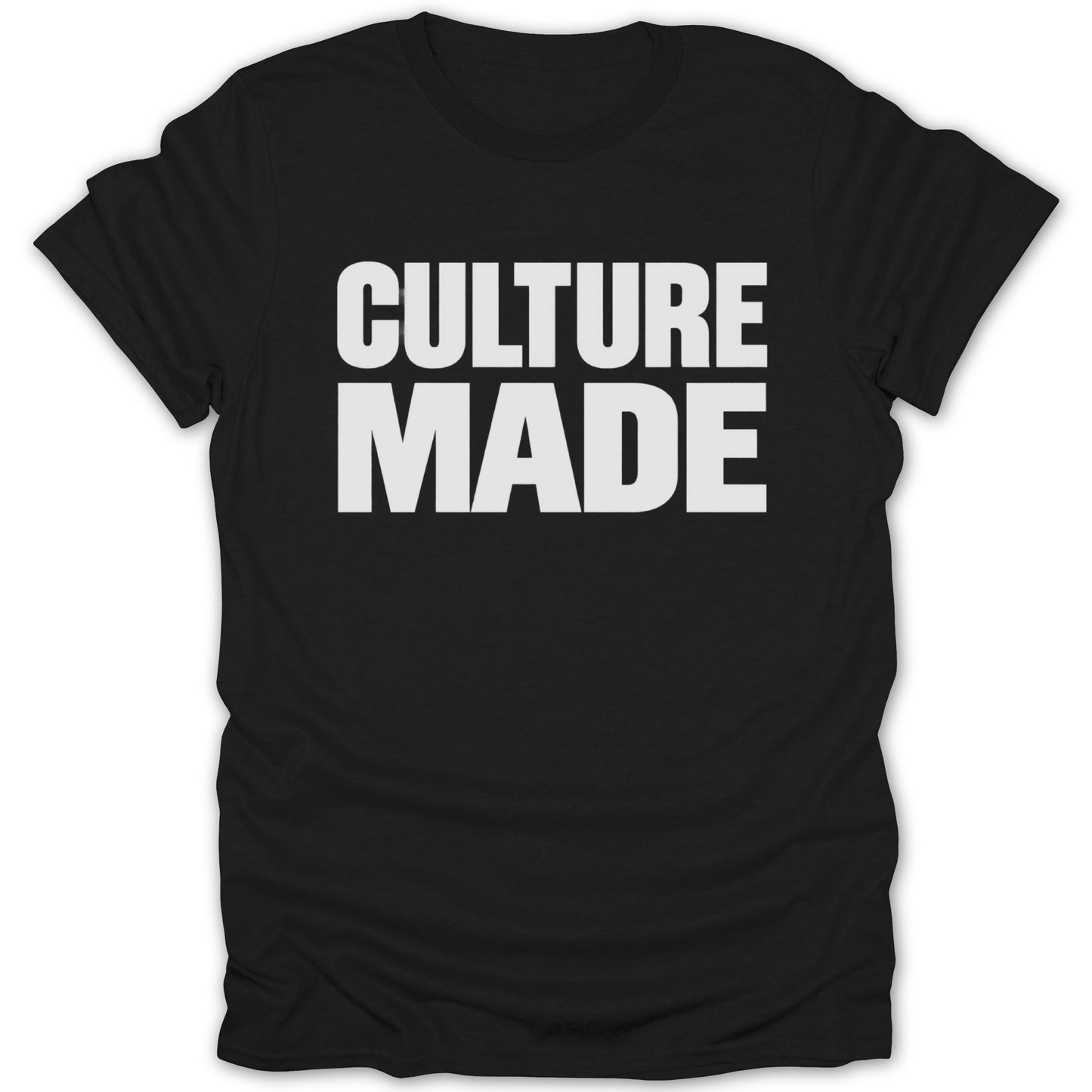 Black t-shirt with white text reading "CULTURE MADE"