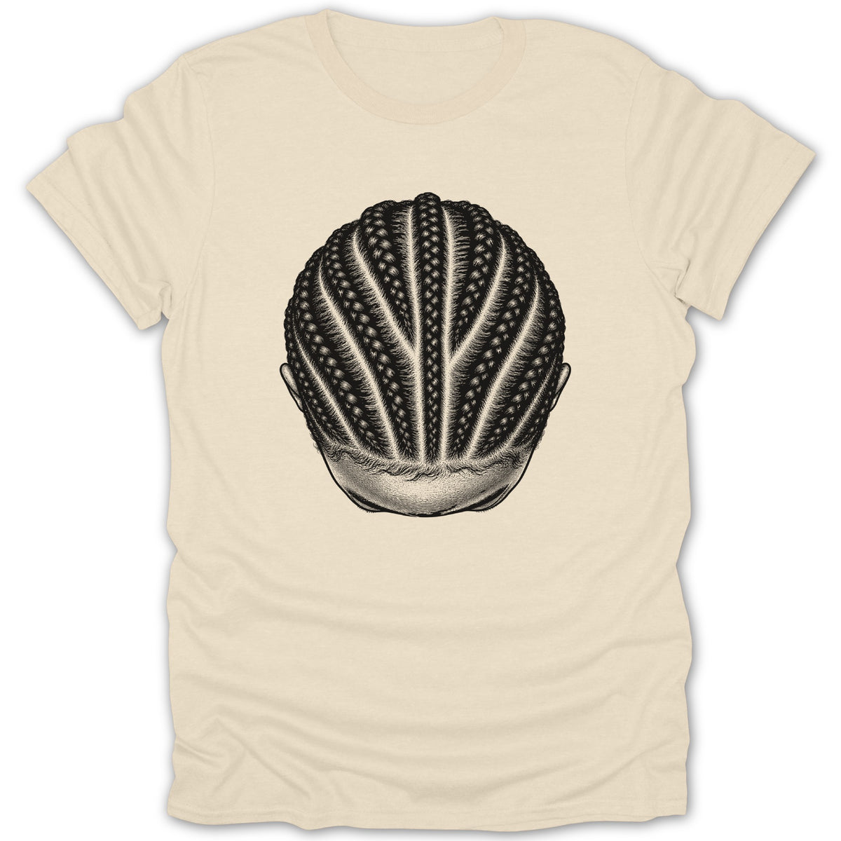 T-shirt with a black and white graphic of braided hair from a top-down perspective.