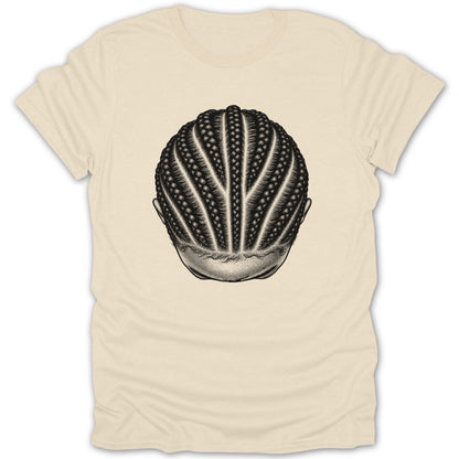 T-shirt with a black and white graphic of braided hair from a top-down perspective.