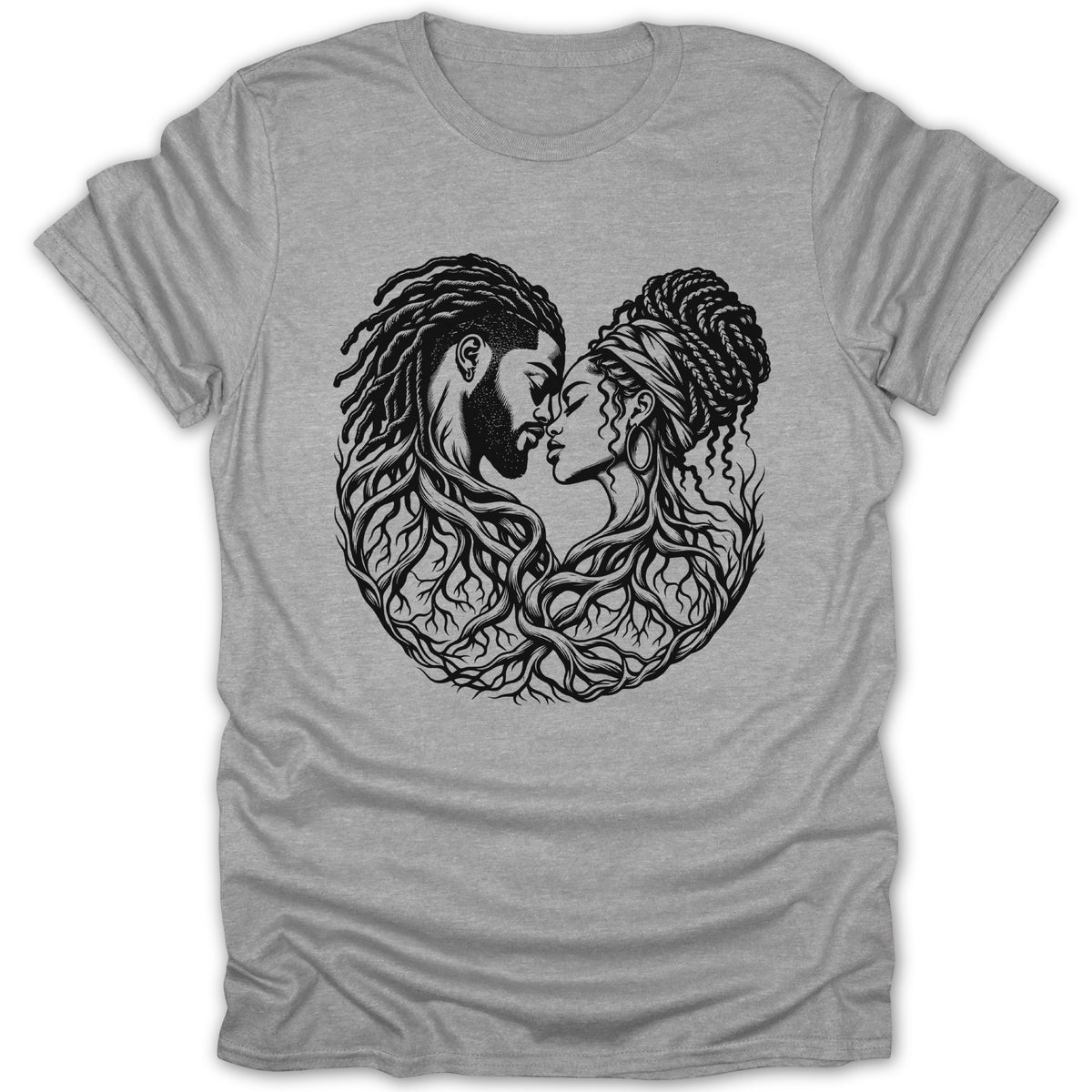 Black and white illustration of a couple's faces intertwined with tree roots on a grey t-shirt.