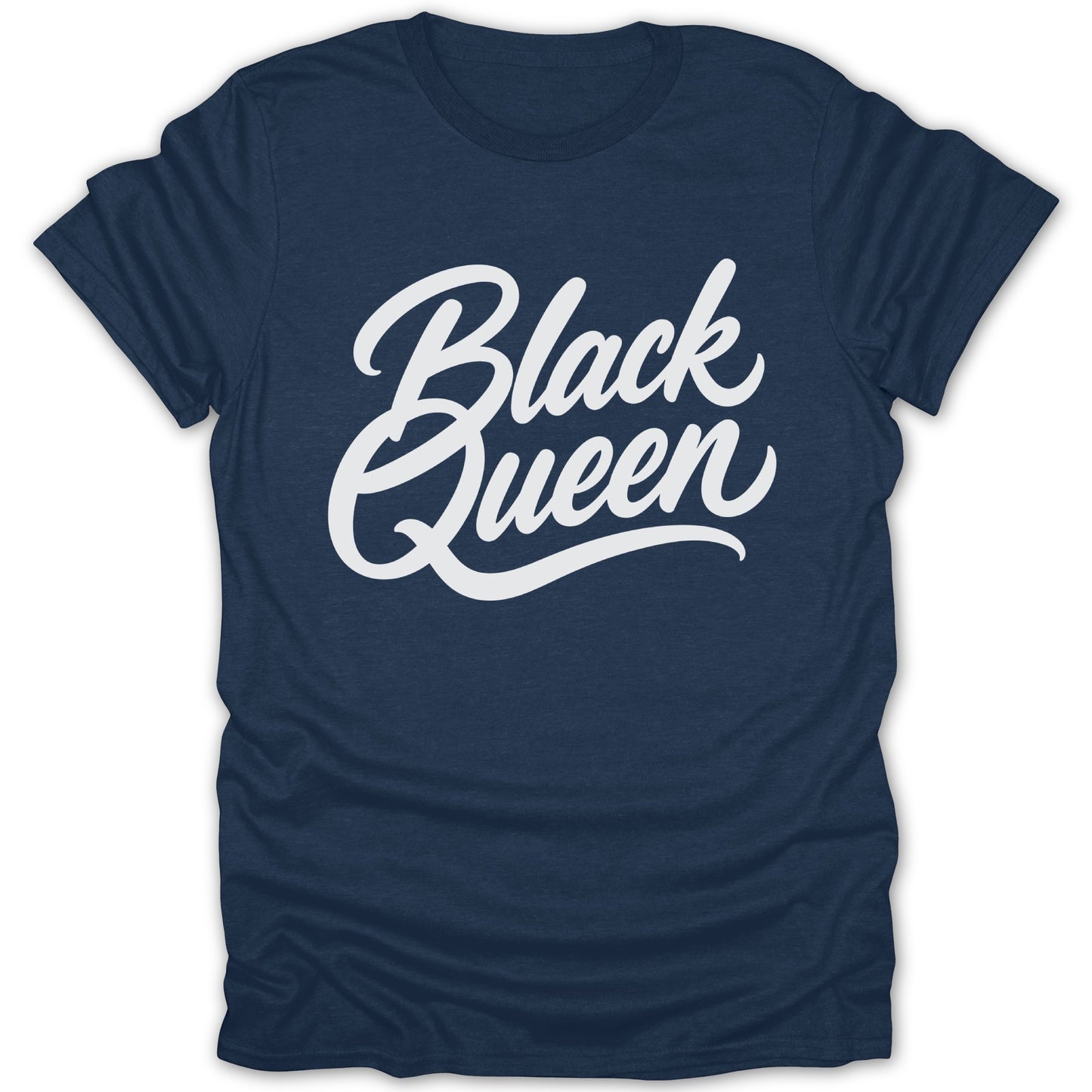 Navy t-shirt with white "Black Queen" text in script font.