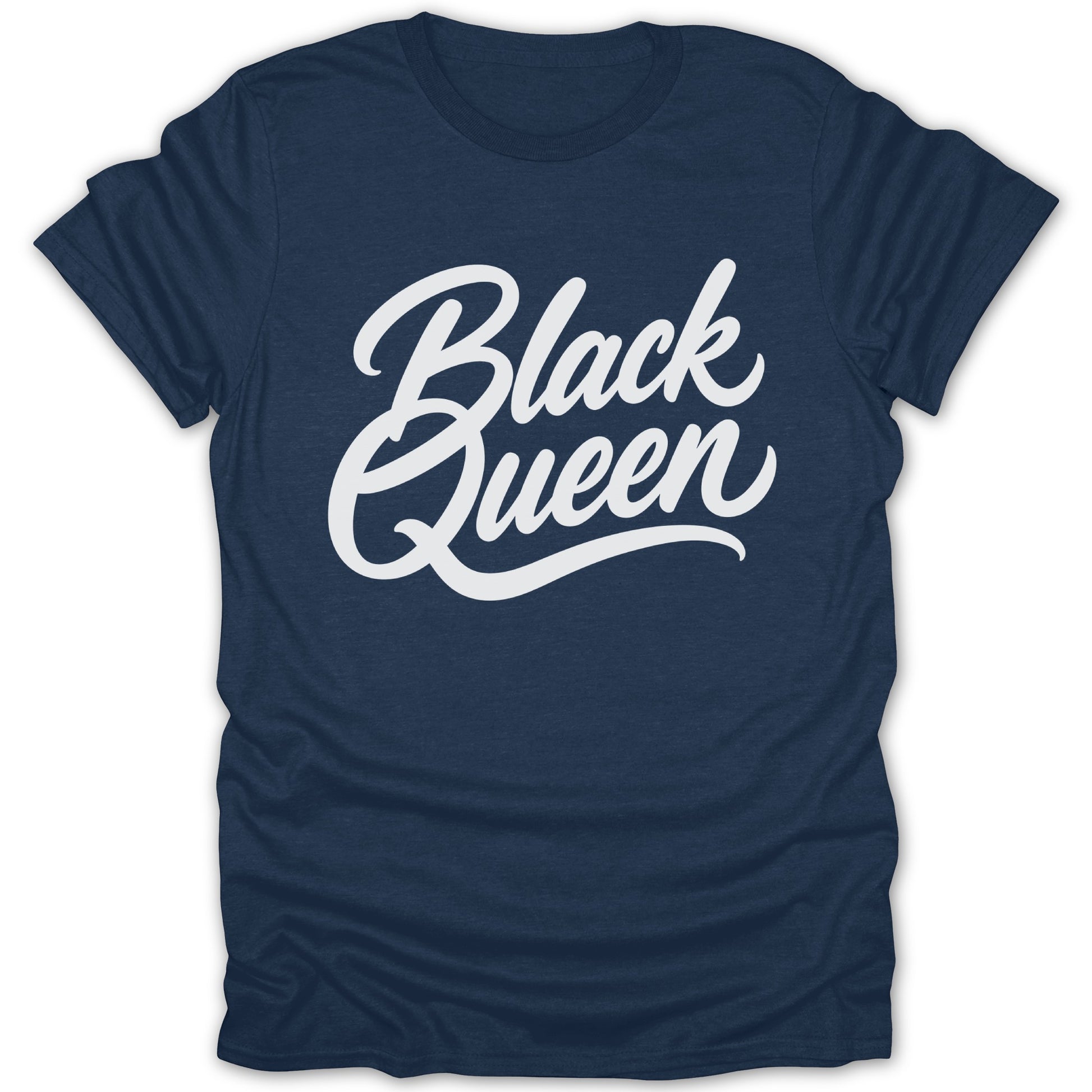 Navy t-shirt with white "Black Queen" text in script font.