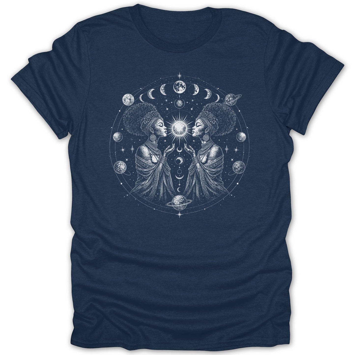 T-shirt with a circular design of two women holding a sun, moon cycles, planets, and stars.