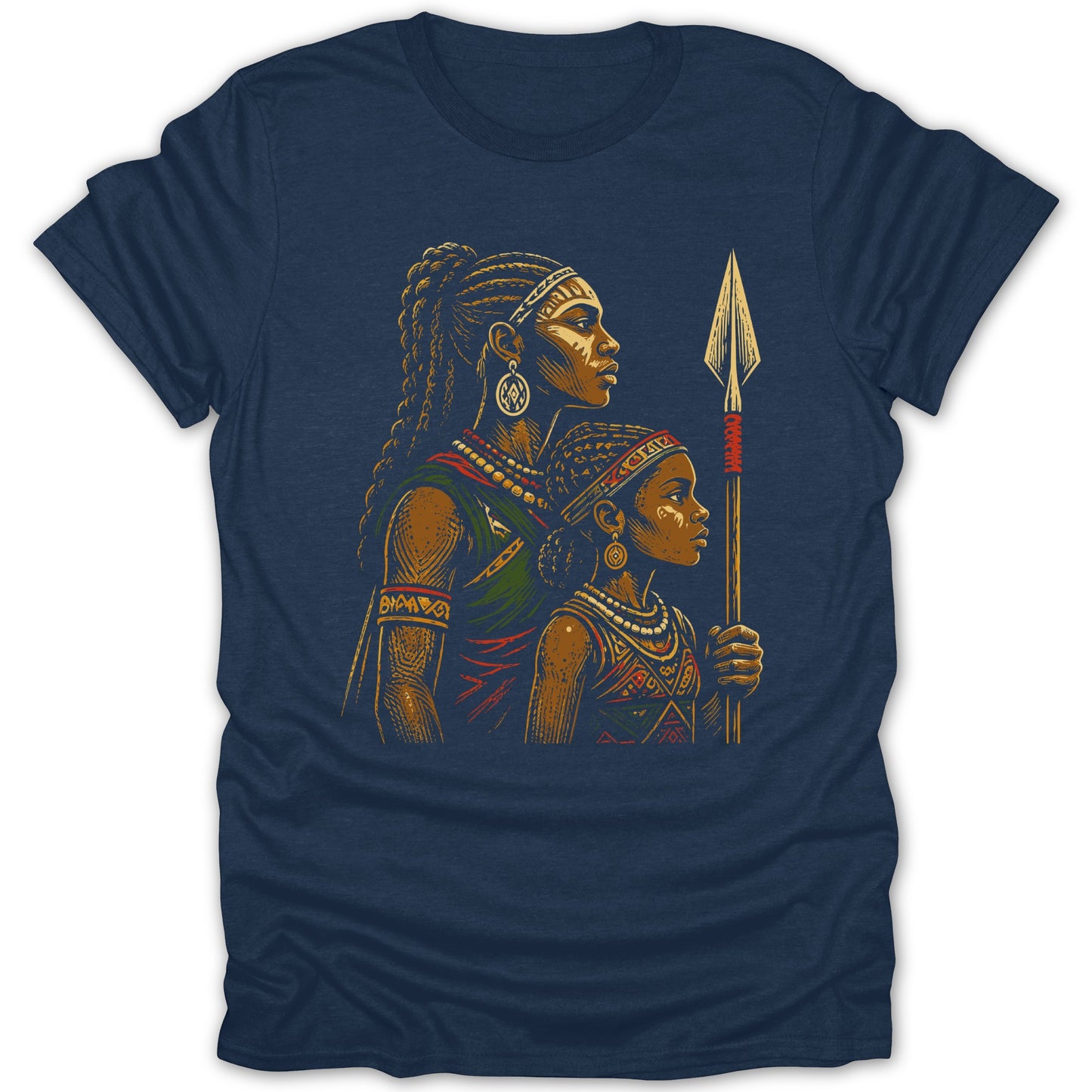 T-shirt with graphic of two women, one holding a spear.