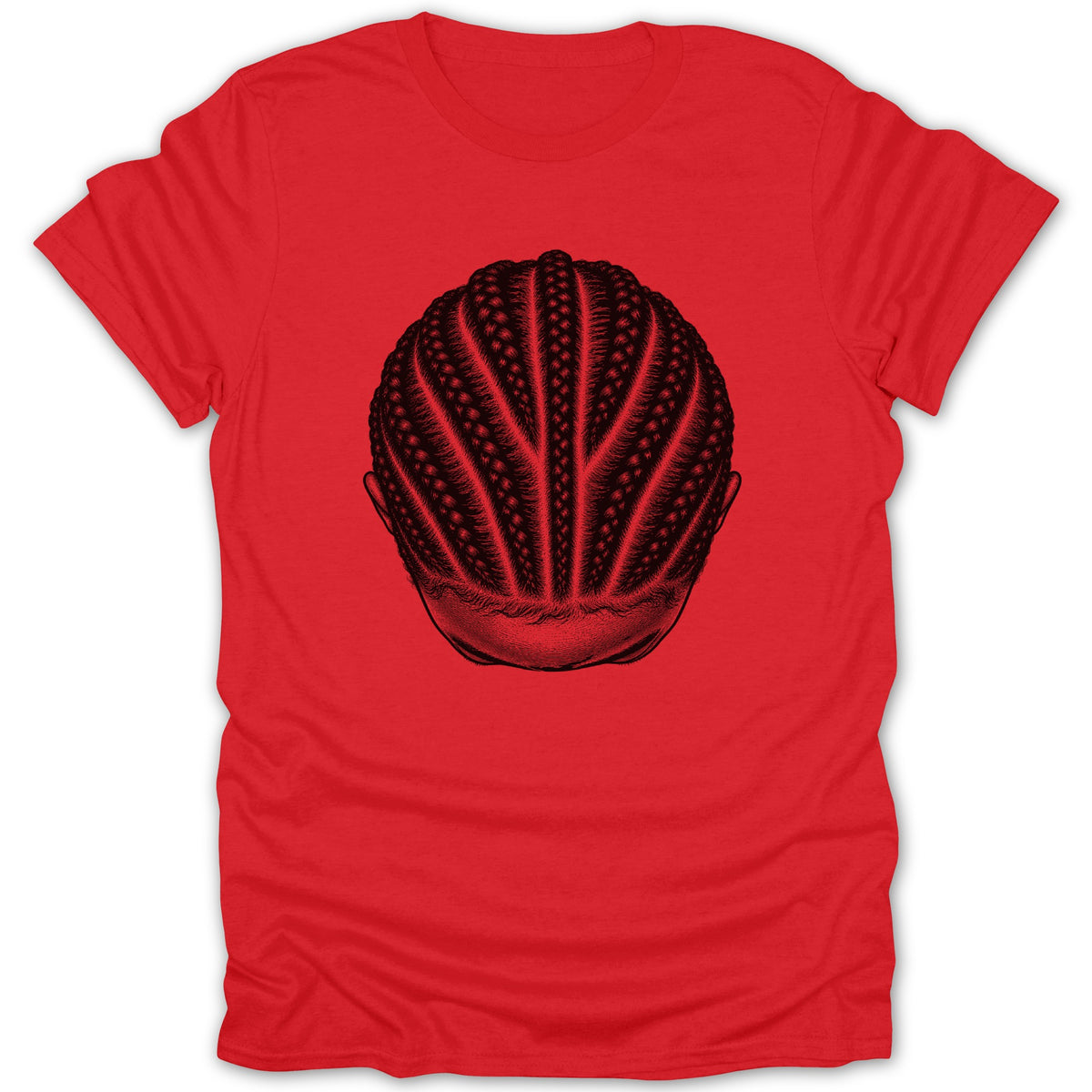 Black braided hairstyle graphic on a red t-shirt.