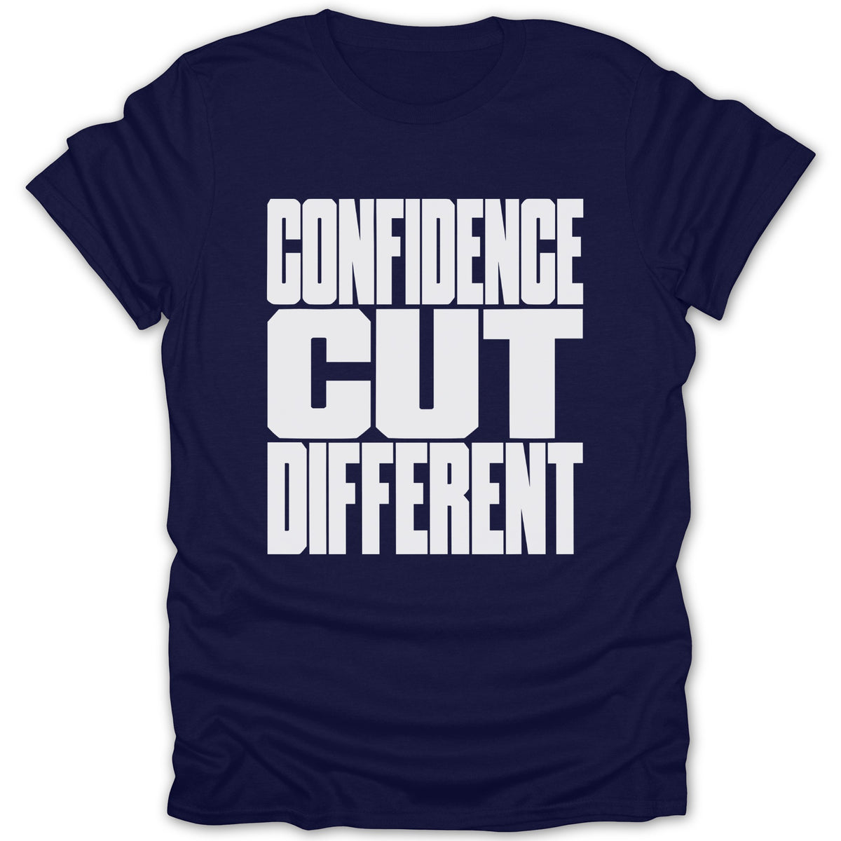 Navy t-shirt with white text reading "CONFIDENCE CUT DIFFERENT".