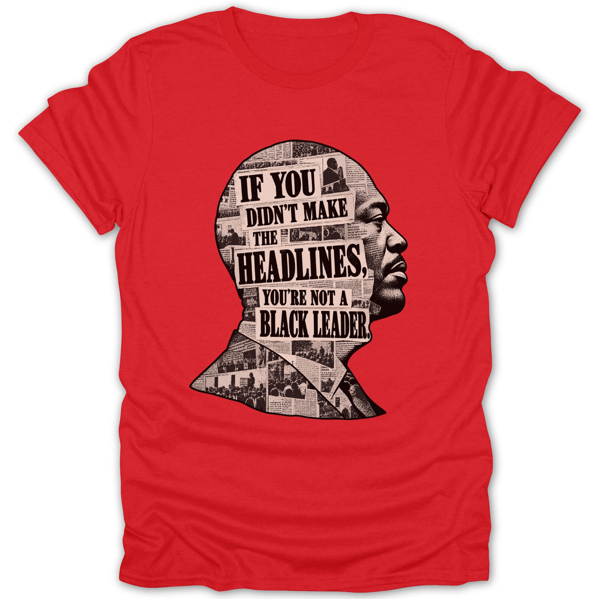 Red t-shirt with black text in a silhouette of a man's head.