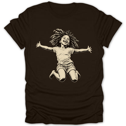 Brown t-shirt with a sketch of a joyful child jumping with arms outstretched.