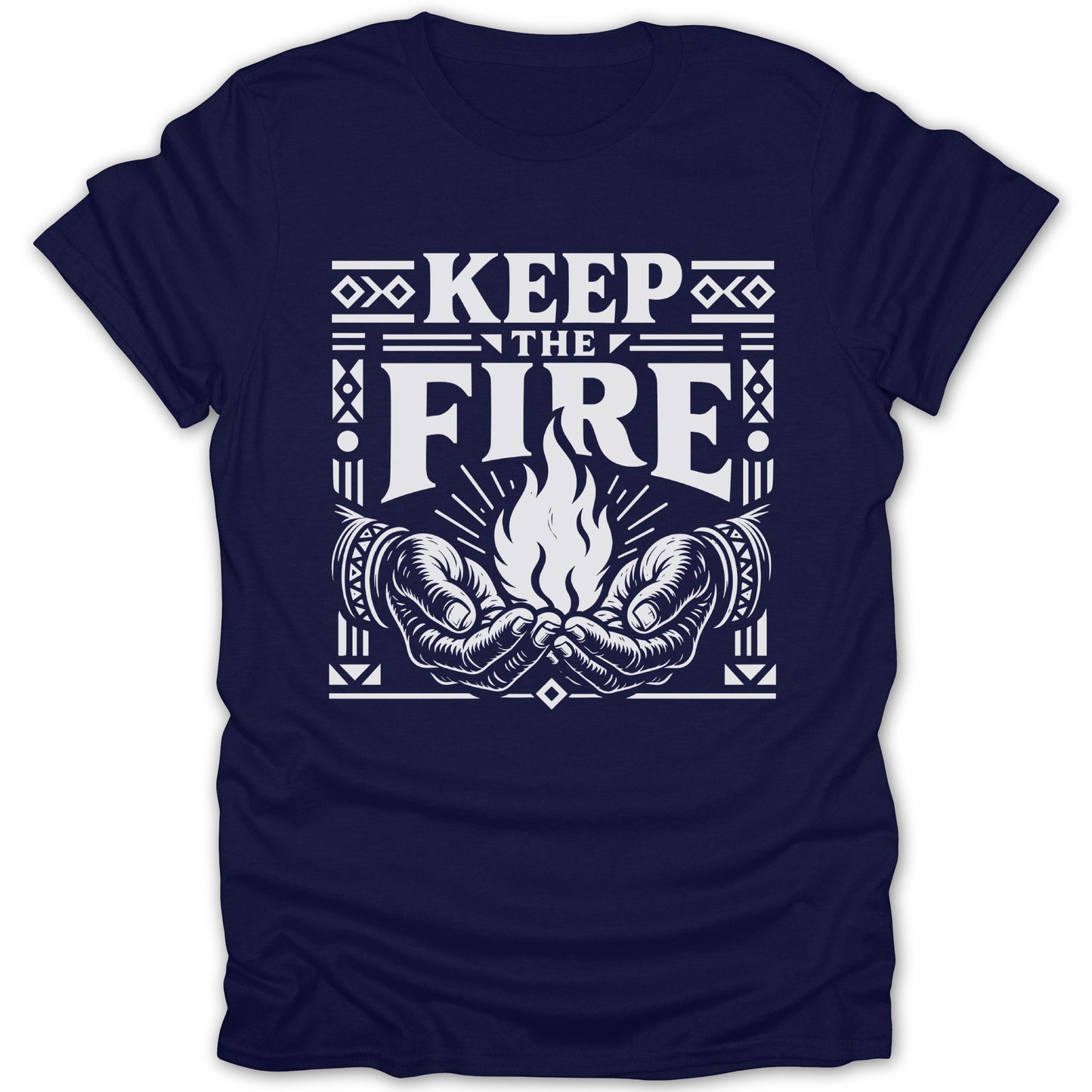 Navy t-shirt with white text and graphics: "KEEP THE FIRE" with cupped hands holding a flame.