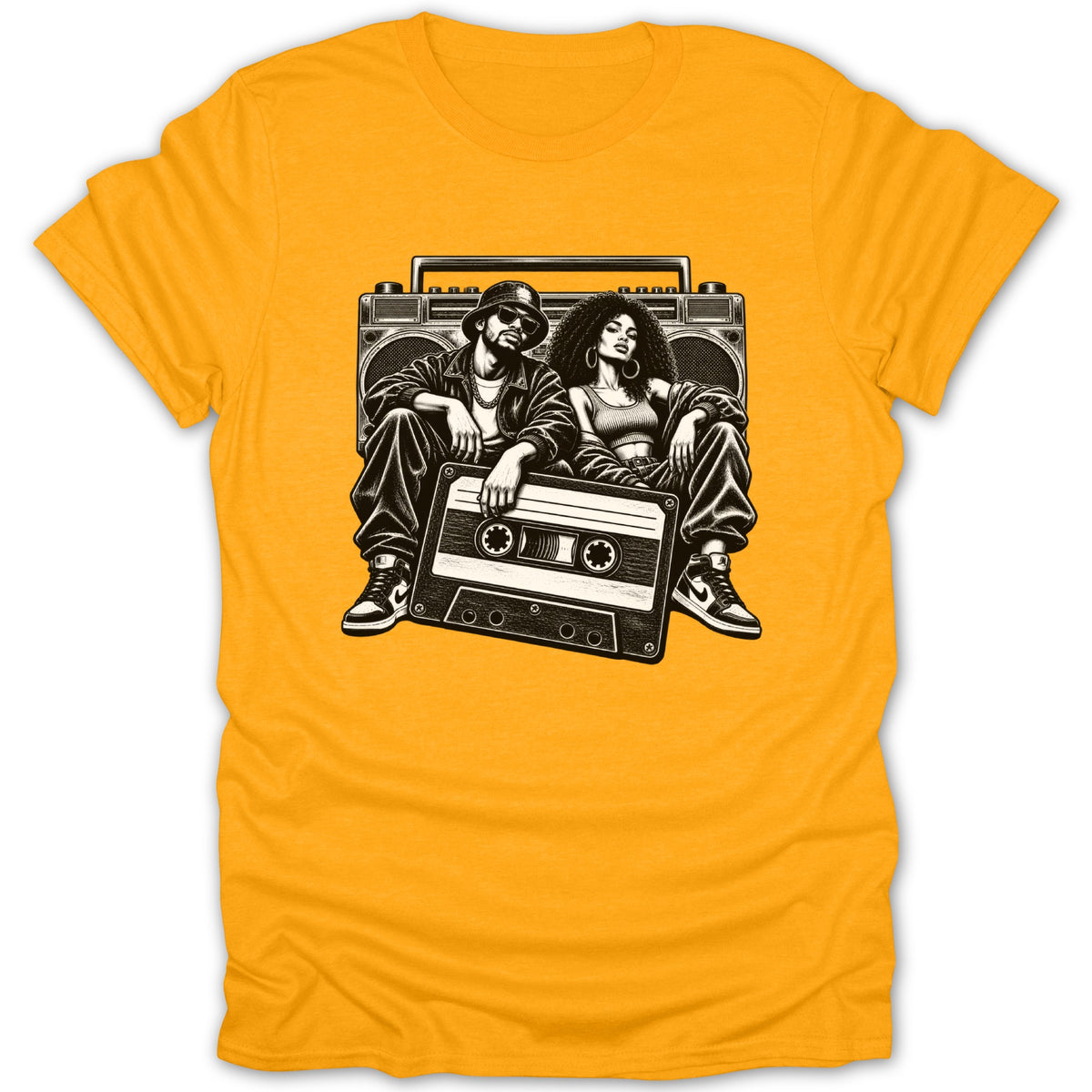 Illustration of hip-hop couple sitting with a boombox and cassette tape.