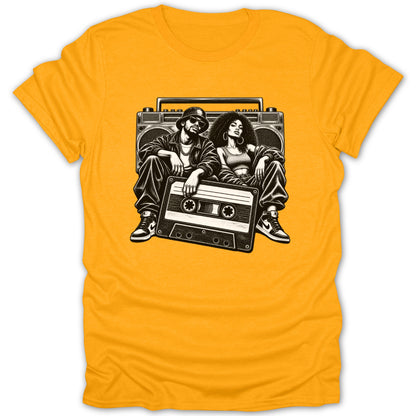 Illustration of hip-hop couple sitting with a boombox and cassette tape.