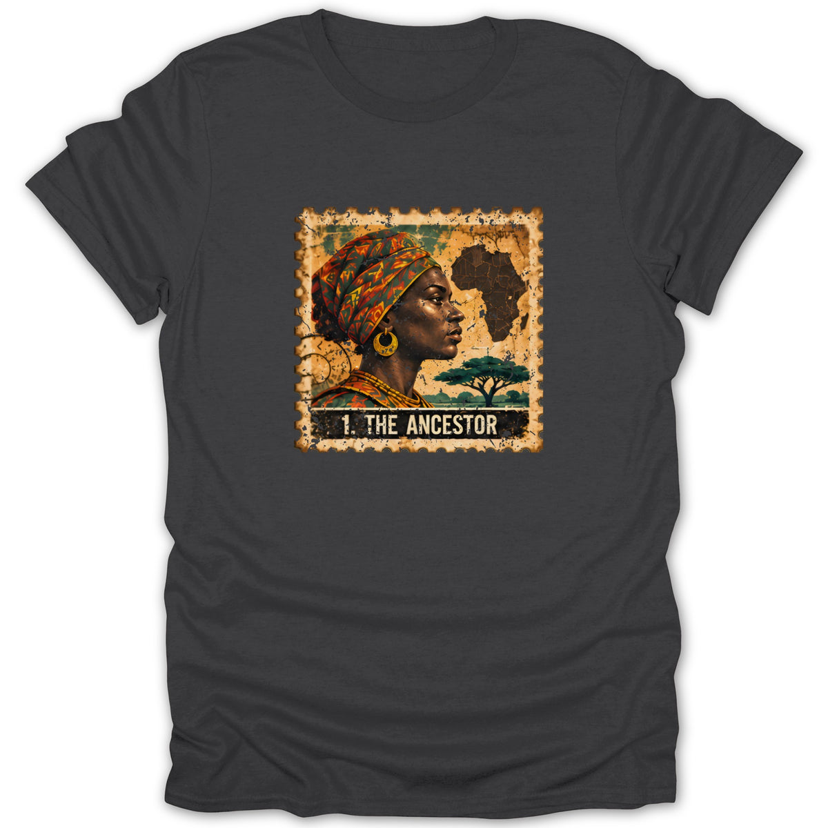 A dark gray t-shirt featuring a vintage postage stamp design with a portrait and the text "1. THE ANCESTOR".