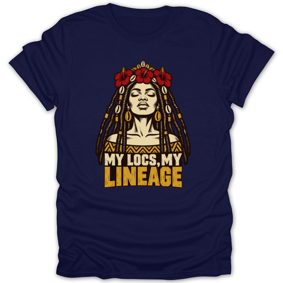 Dark blue short-sleeve t-shirt featuring a graphic of a Black woman with locs and red flowers above the text "MY LOCS, MY LINEAGE."