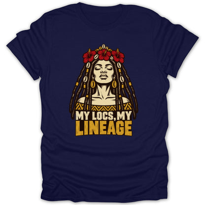 Dark blue short-sleeve t-shirt featuring a graphic of a Black woman with locs and red flowers above the text "MY LOCS, MY LINEAGE."