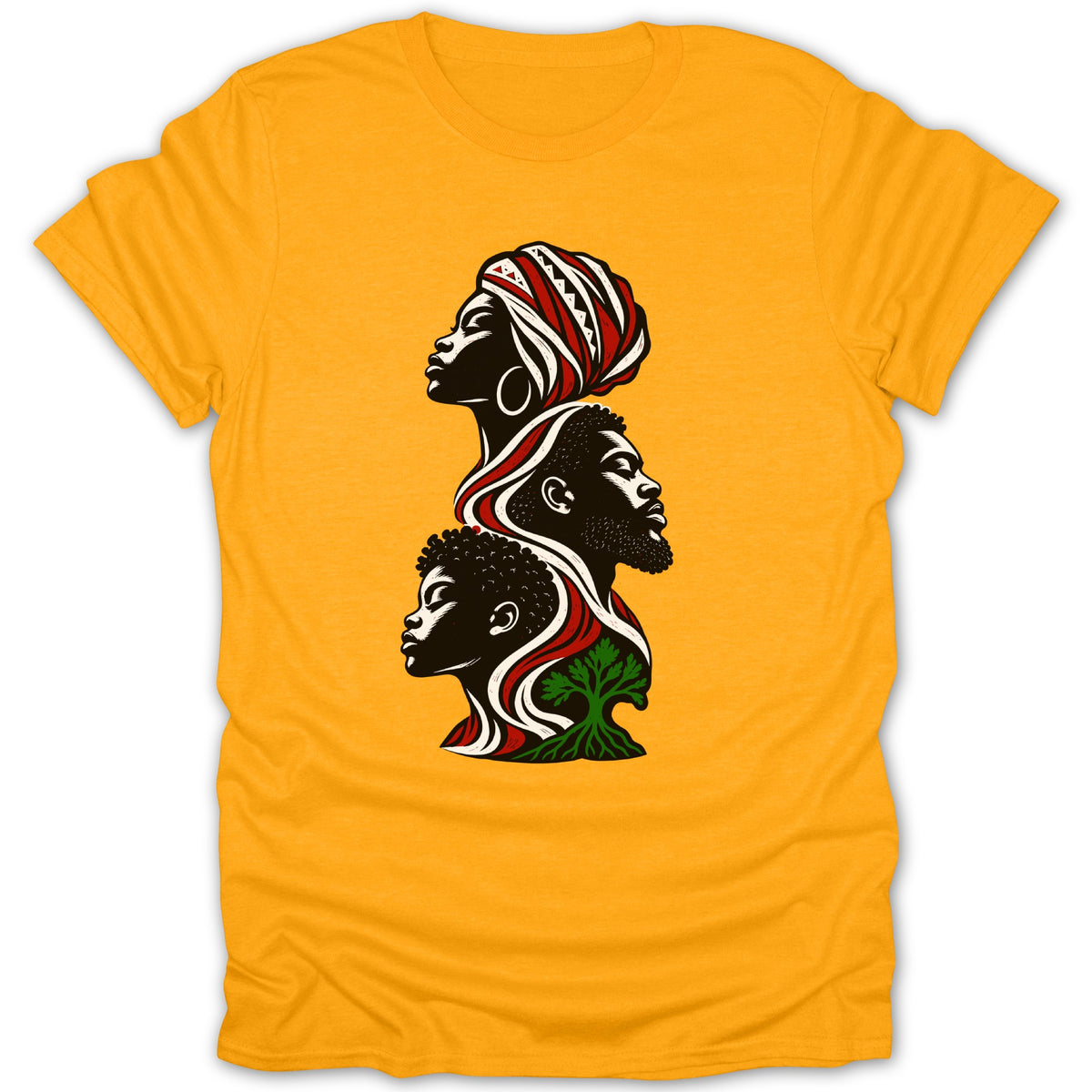 Yellow t-shirt with a graphic of three profiles connected by red and white wavy lines and a green tree.