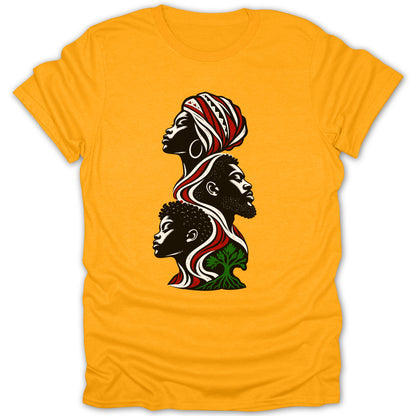Yellow t-shirt with a graphic of three profiles connected by red and white wavy lines and a green tree.