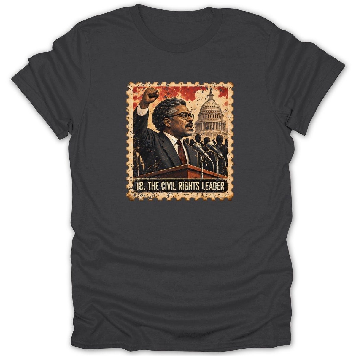 Charcoal t-shirt featuring a postage stamp graphic of a civil rights leader speaking at a podium.