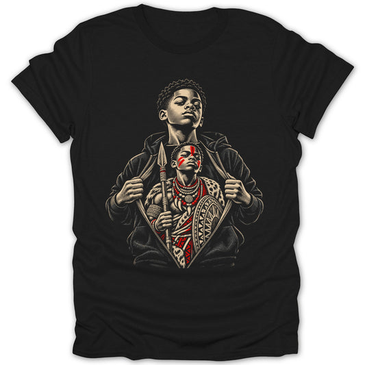 Black t-shirt with a print of a young Black man revealing an adorned warrior beneath.