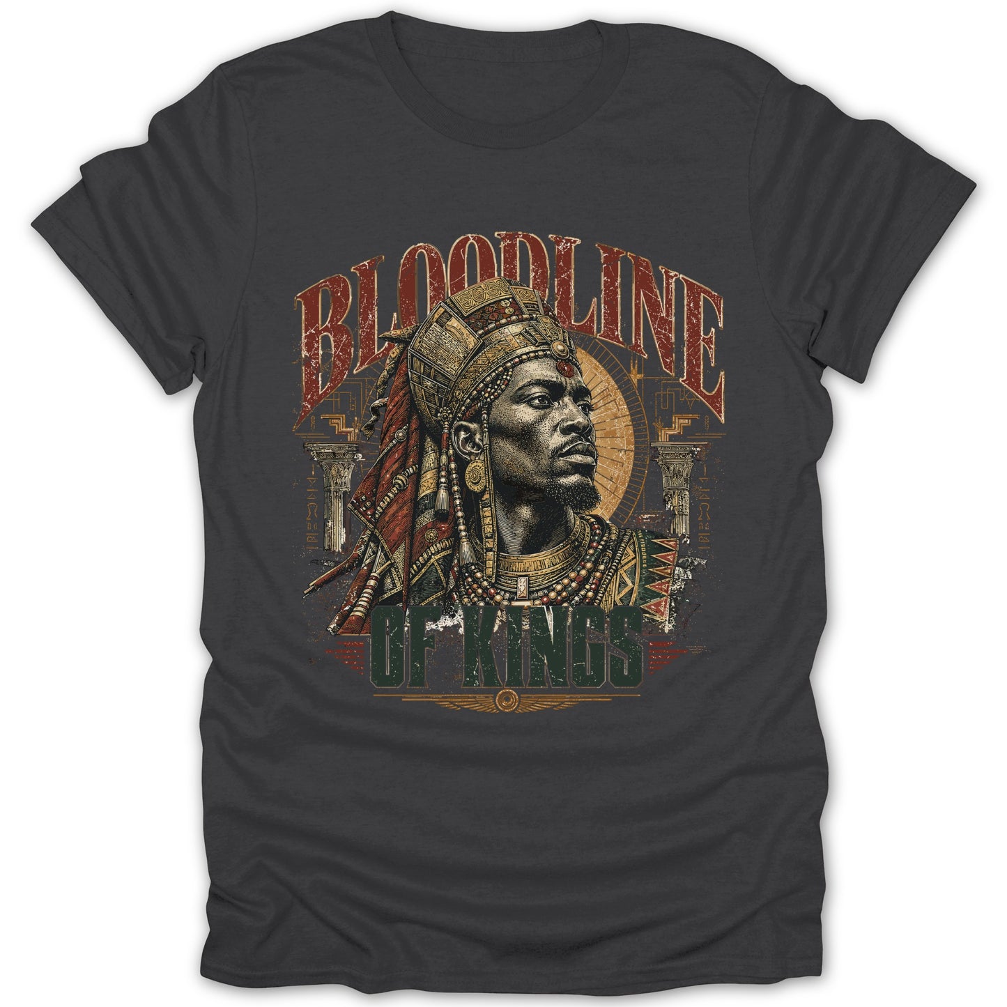 Dark t-shirt with illustration of a man in regal headdress, text "BLOODLINE OF KINGS".