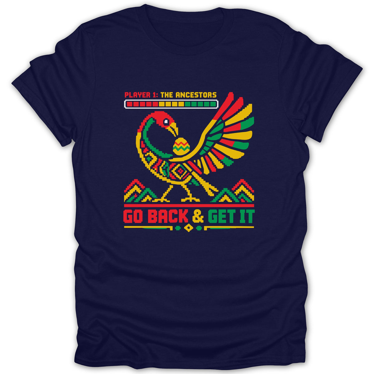 Pixel art bird in red, yellow, and green with text "PLAYER 1: THE ANCESTORS" and "GO BACK & GET IT".