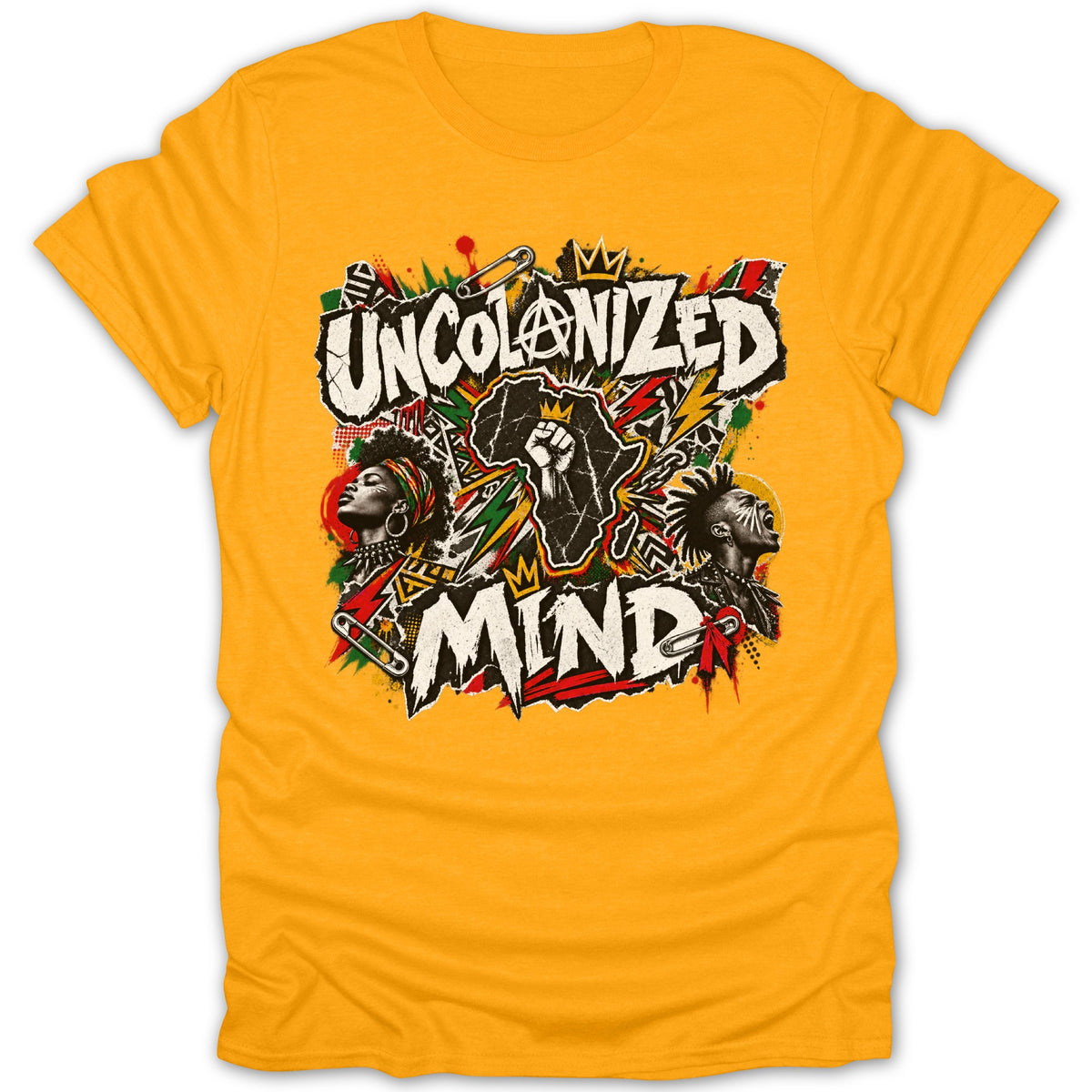 Yellow t-shirt with "UNCOLONIZED MIND" graphic featuring African map and people.