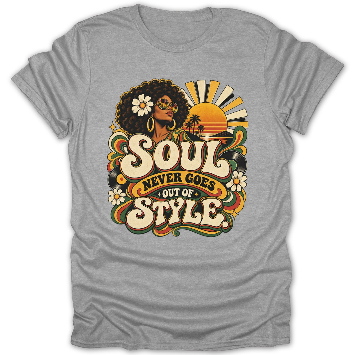 Retro graphic with text "Soul Never Goes Out Of Style" featuring a woman.