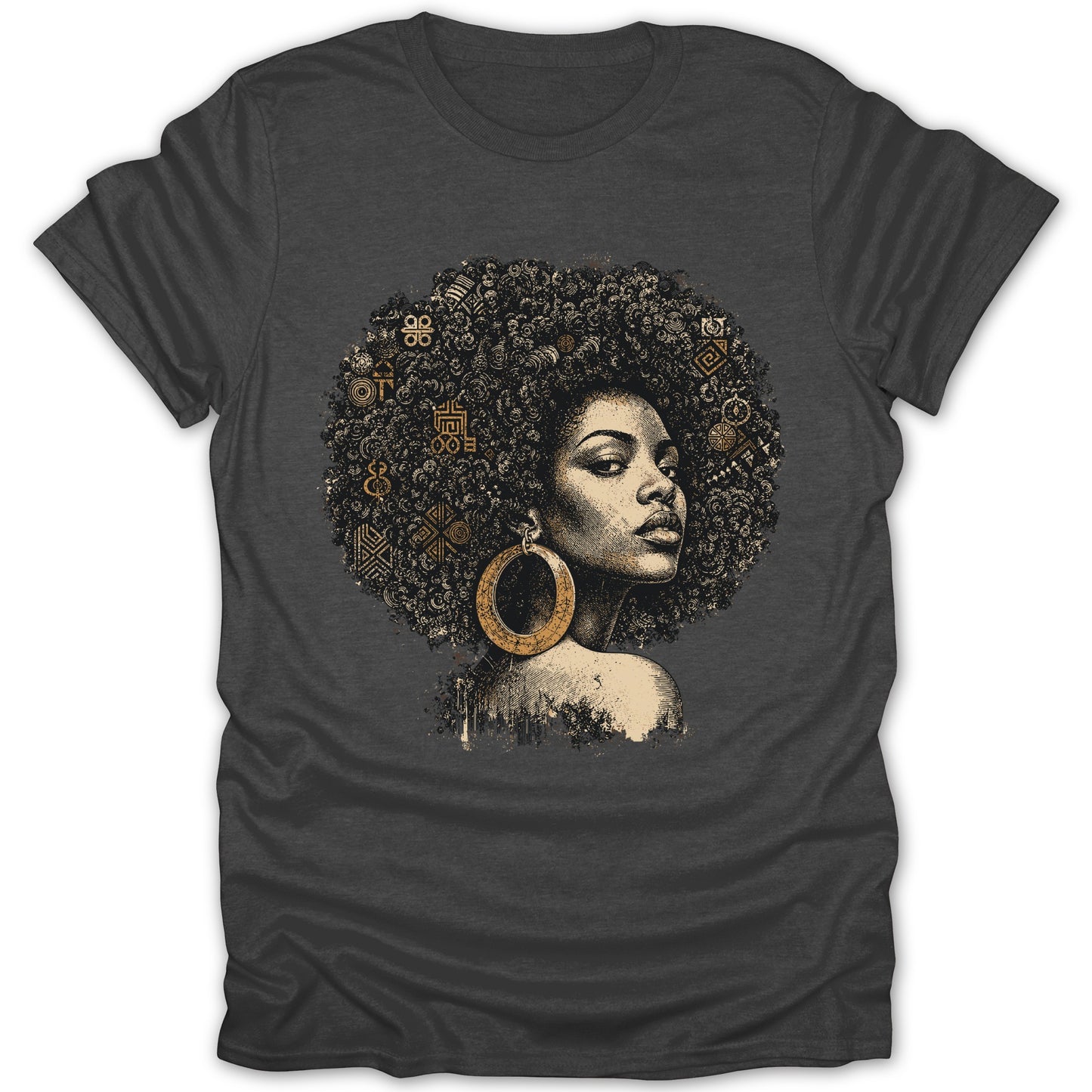 T-shirt with a graphic of a woman with an afro adorned with gold patterns.