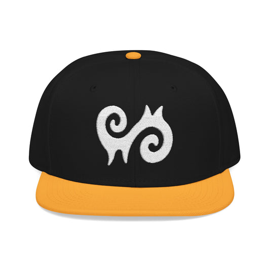 Black snapback hat with orange brim and white swirl logo.