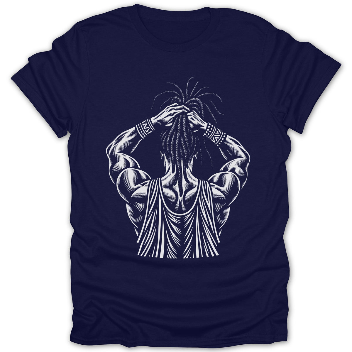 Navy t-shirt with white graphic of a muscular person tying dreadlocks.