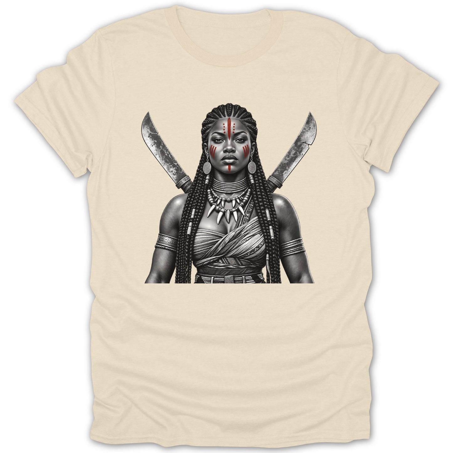 Black and white graphic of a warrior woman with red face paint and crossed swords.