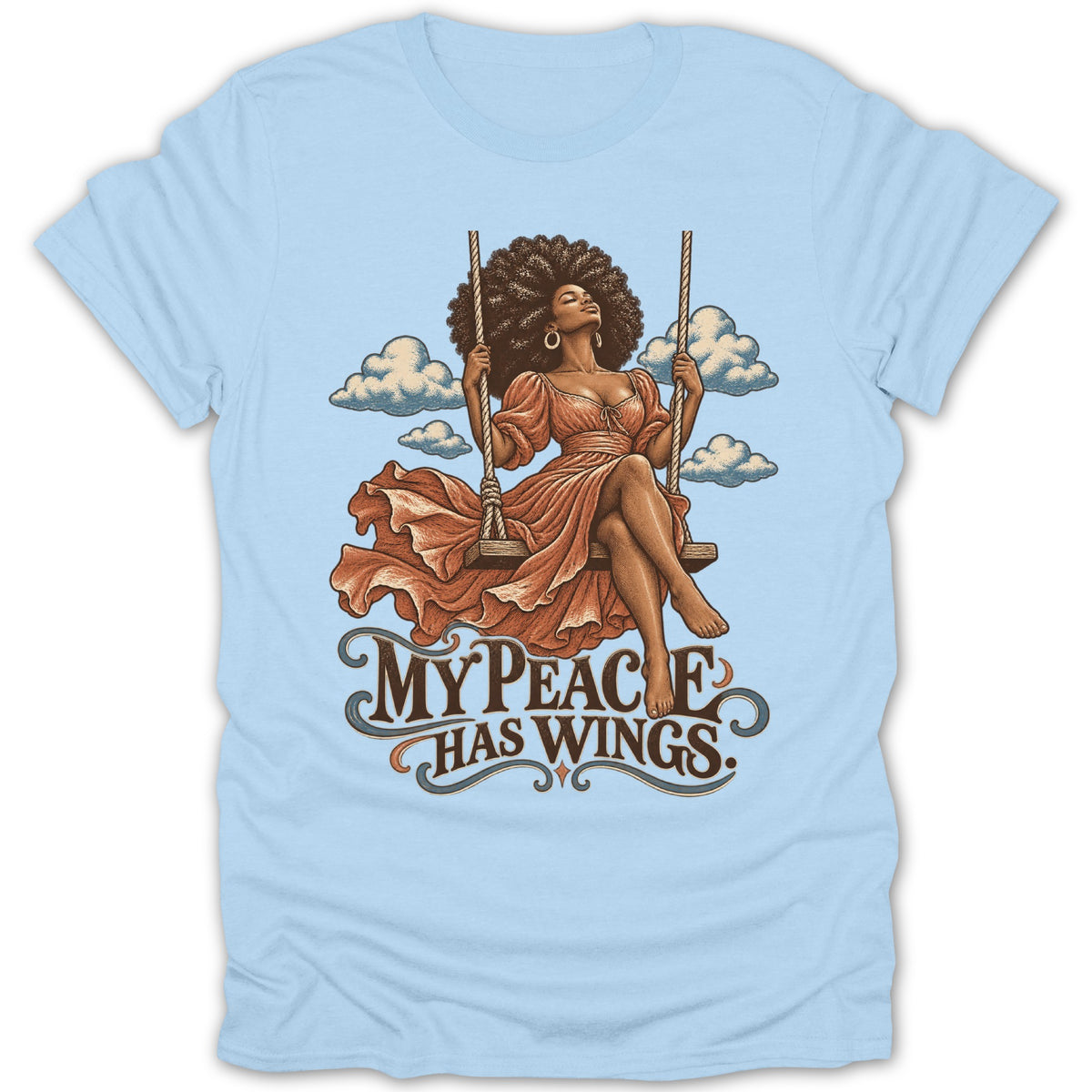 Illustration of woman on swing with text "My Peace Has Wings"