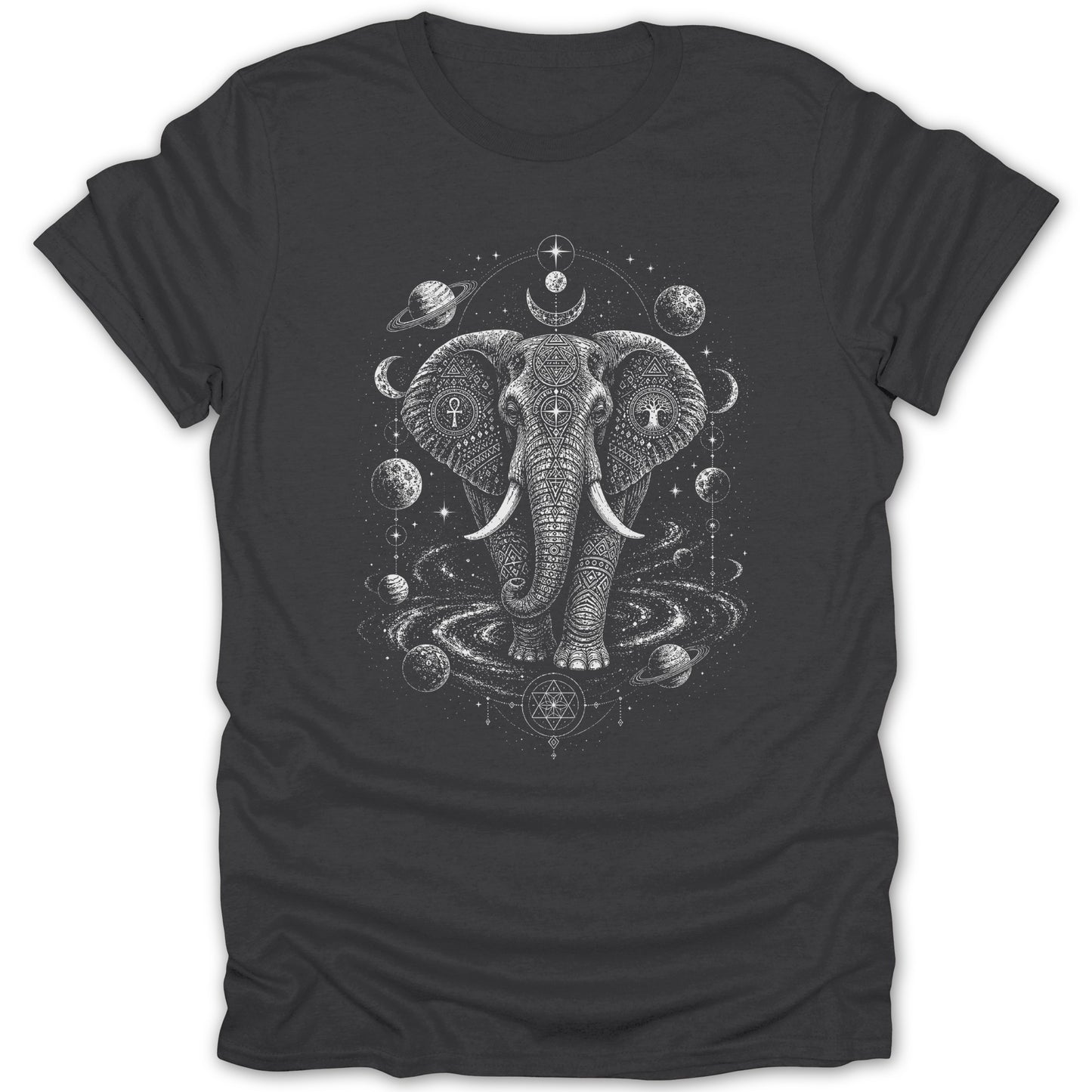 Detailed elephant surrounded by celestial elements, planets, and geometric shapes.