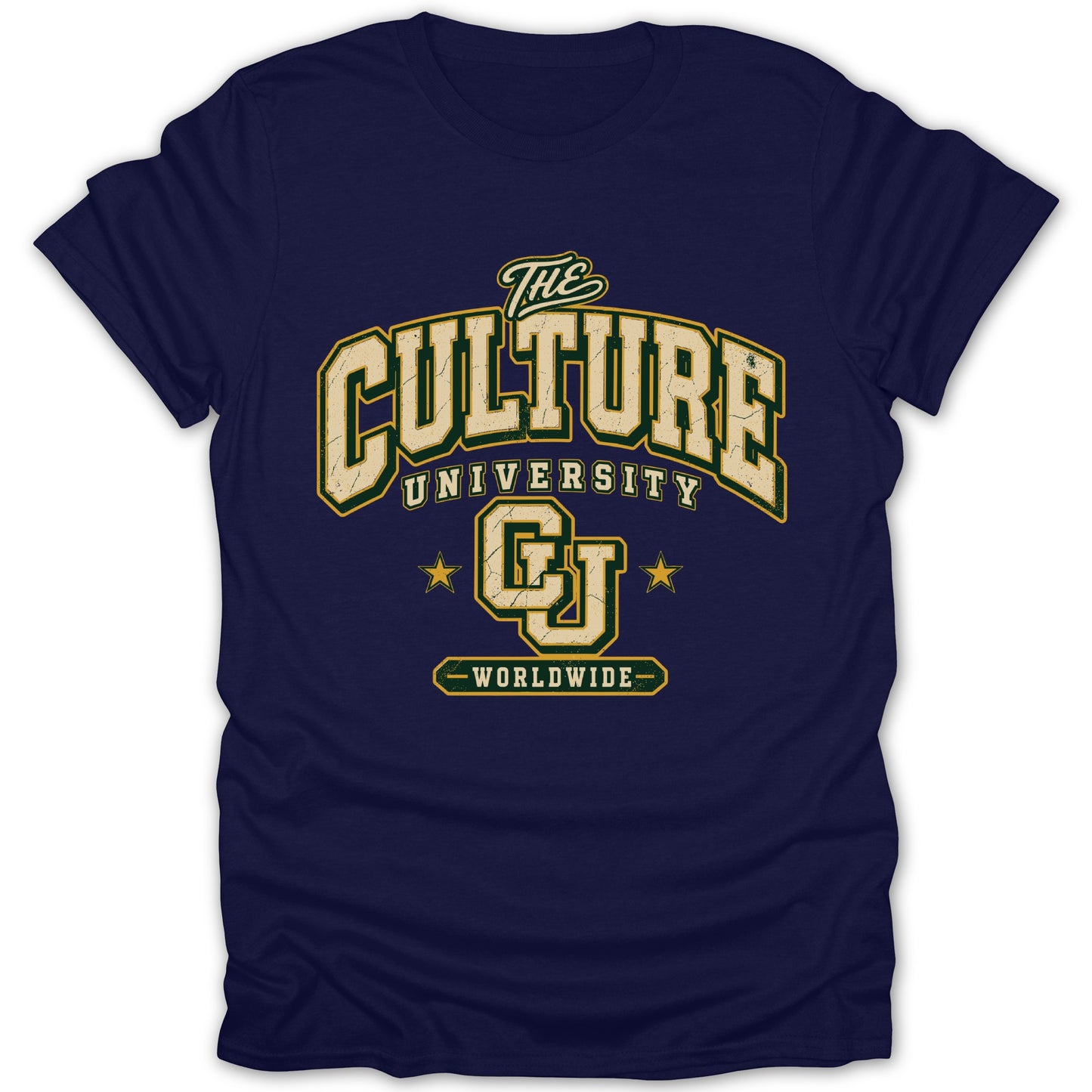 Navy t-shirt with "The Culture University" and "Worldwide" text and CJ logo.