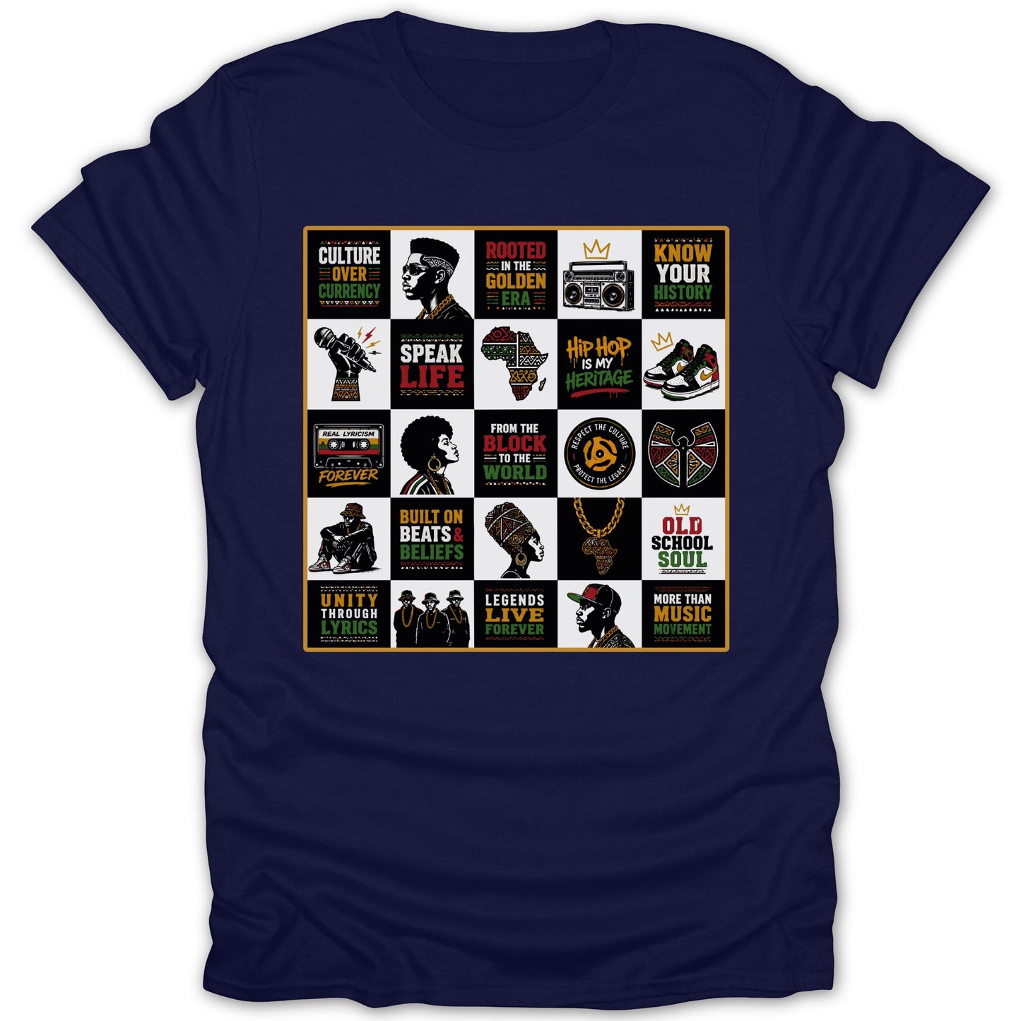 T-shirt with a collage of hip hop culture graphics and text in a grid.