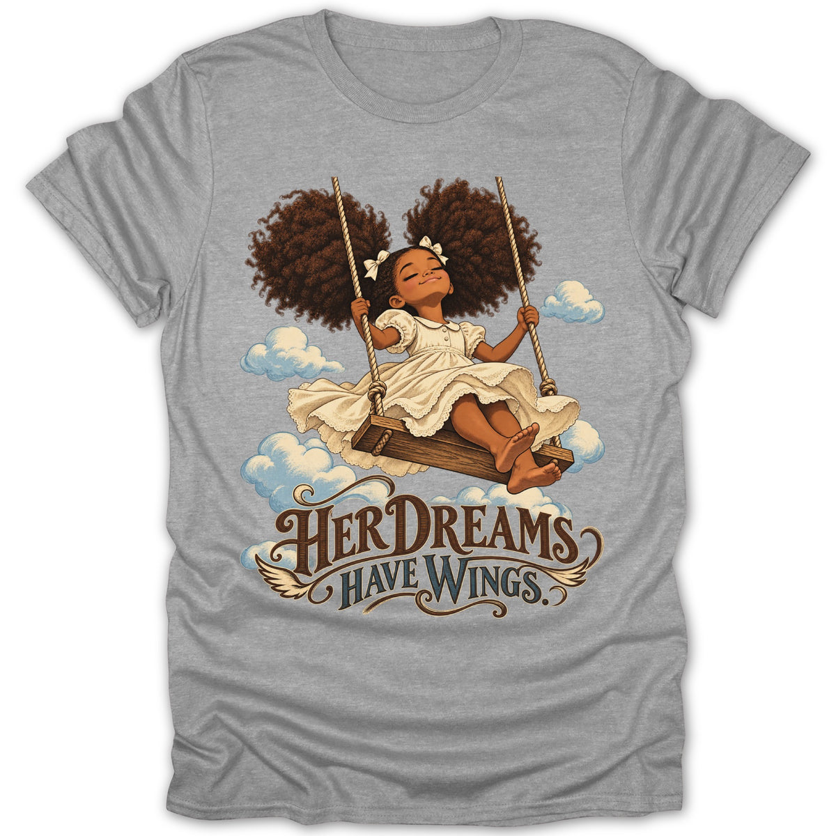 Girl on swing with large afro and text "Her Dreams Have Wings".