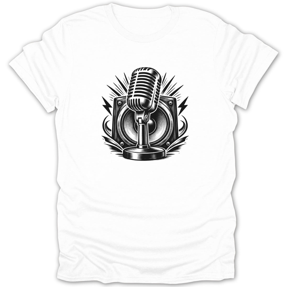 White t-shirt with a black graphic of a vintage microphone and speaker.