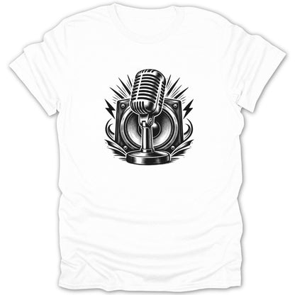 White t-shirt with a black graphic of a vintage microphone and speaker.