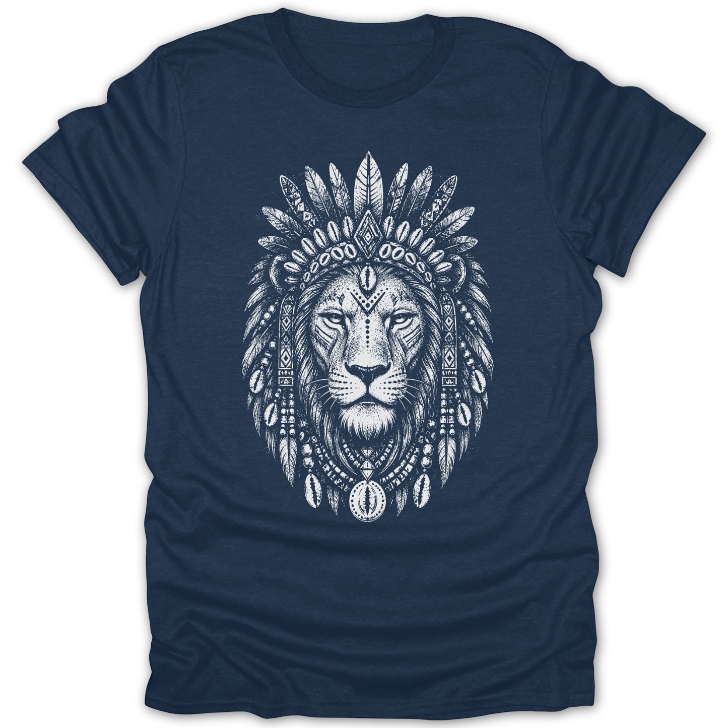 Navy t-shirt with a white line drawing of a lion wearing a feathered headdress.