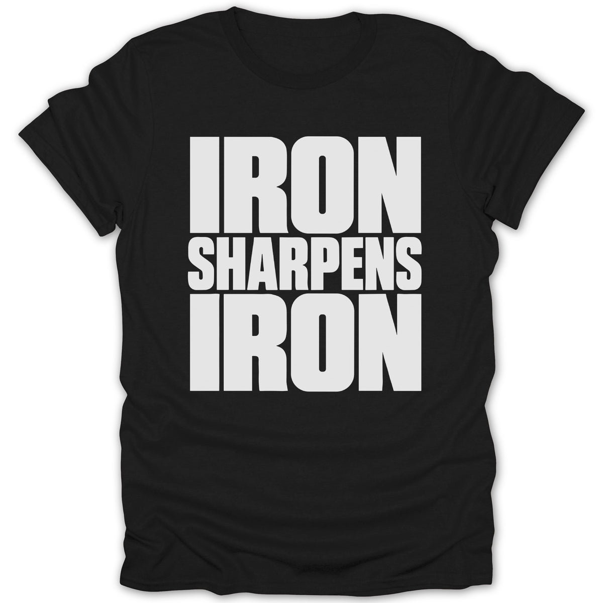 A black crewneck t-shirt featuring the white text "IRON SHARPENS IRON" centered on the chest.