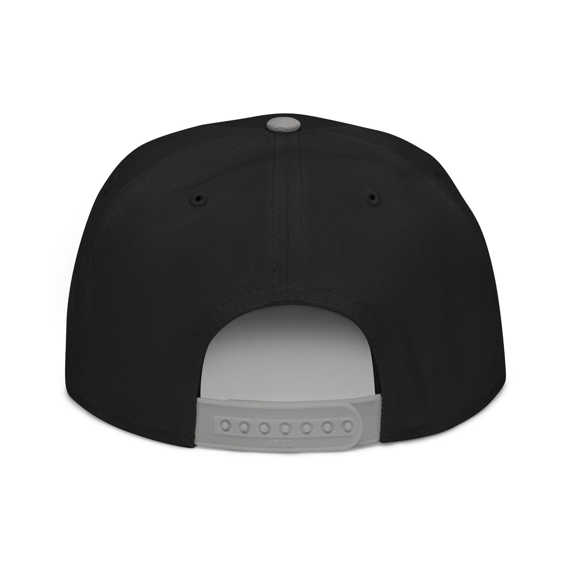Black snapback hat with grey adjustable strap.